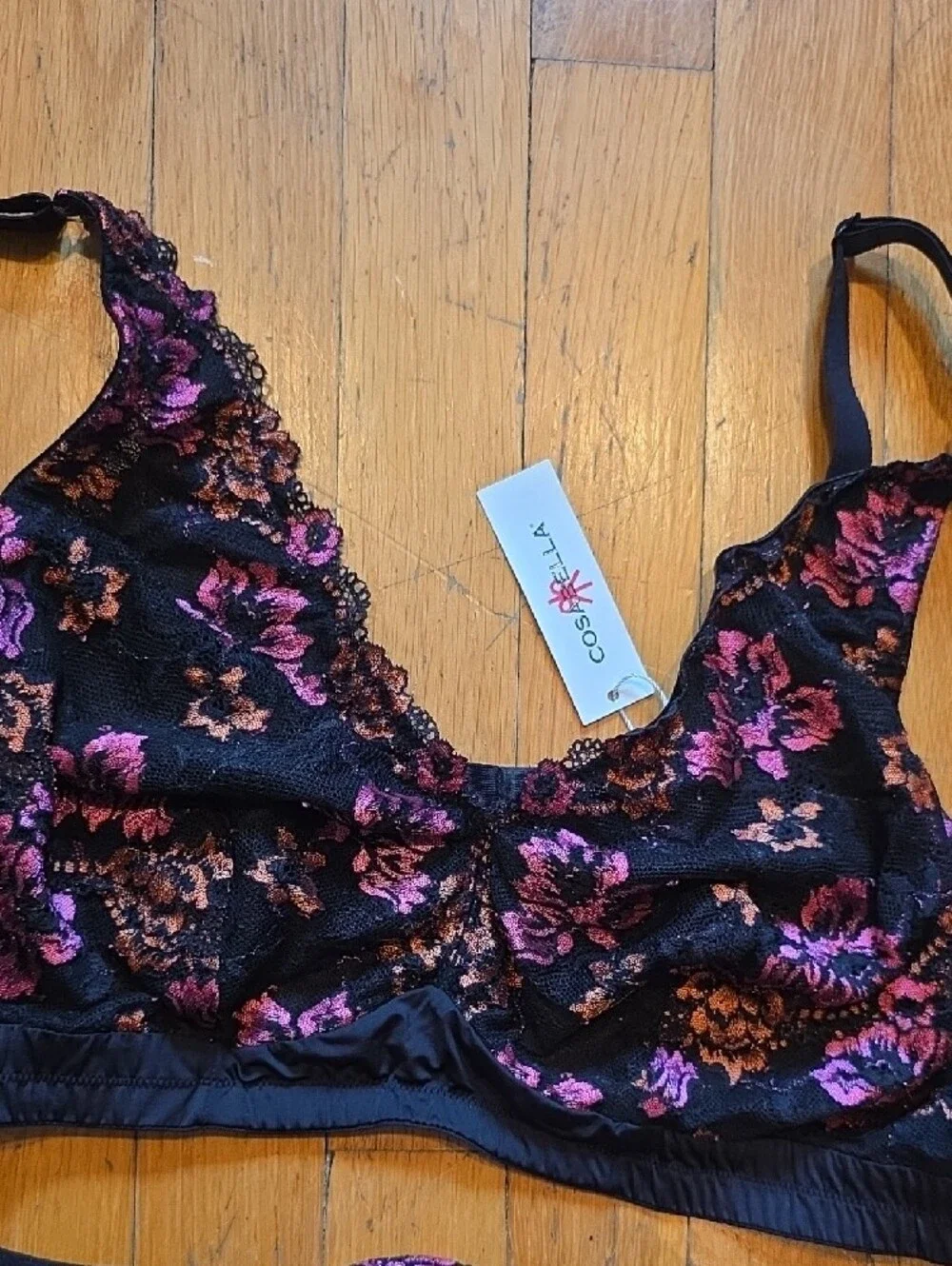 Cosabella Black Lace Bralette & Brief Set with Pink Floral Embroidery